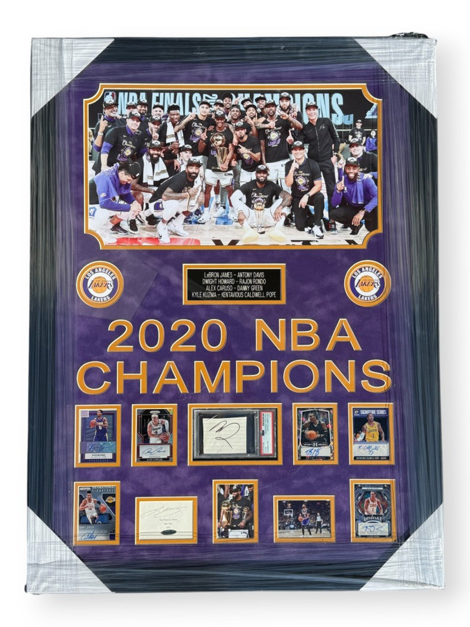 Lebron James Anthony Davis +6 Signed Cards & Cut 2020 Champion Lakers Framed UDA
