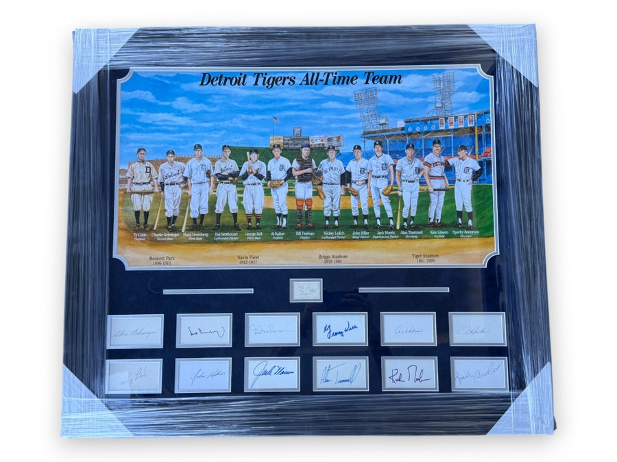 All Time Detroit Tigers Signed Cuts Ty Cobb Kirk Gibson Greenberg +10 Framed BAS