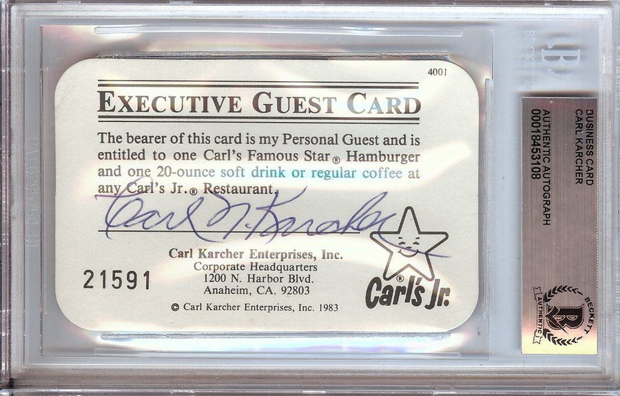 Carl Karcher Signed Autographed Business Card Carl's Jr Guest Card BAS 3108
