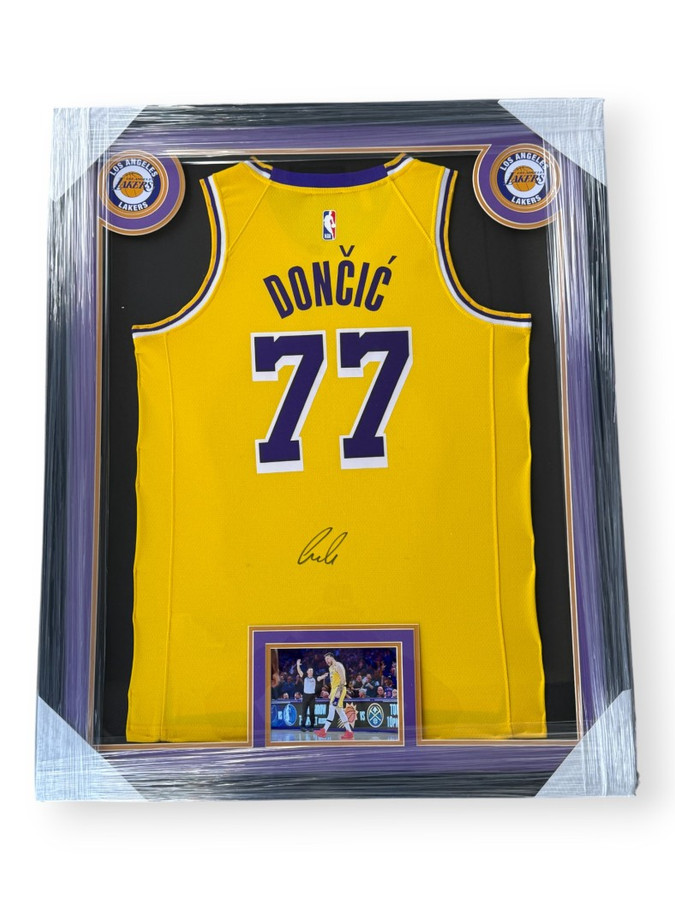 Luka Doncic Signed Autographed Yellow Jersey Lakers W/ Photo Custom Framed JSA