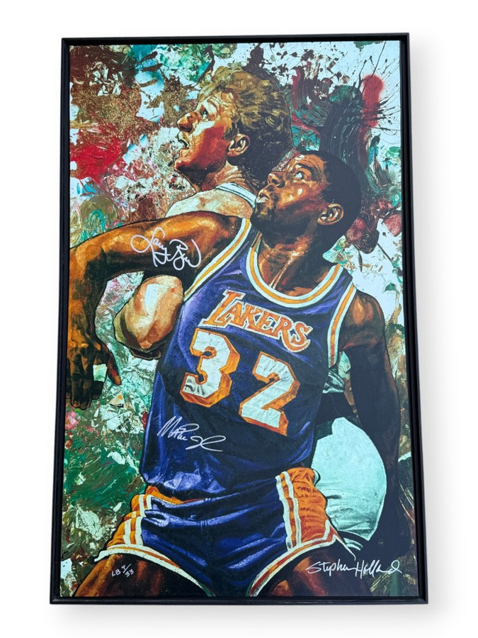 Magic Johnson Larry Bird Autographed Canvas Stephen Holland 4/33 Framed W/ COA