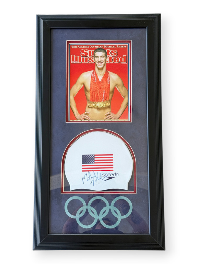 Michael Phelps Signed Autographed Swimming Cap Gold Medalist Framed JSA CN31471