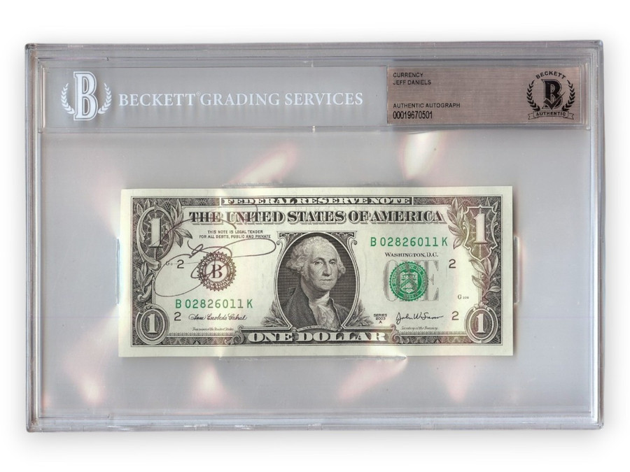 Jeff Daniels Signed Autographed $1 Bill Dumb and Dumber Newsroom BAS 0501