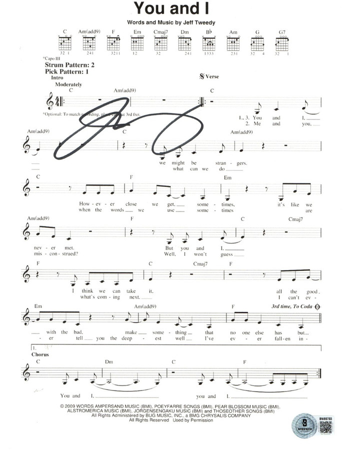 Jeffy Tweedy Signed Autographed Sheet Music You and I Wilco BAS BW89703