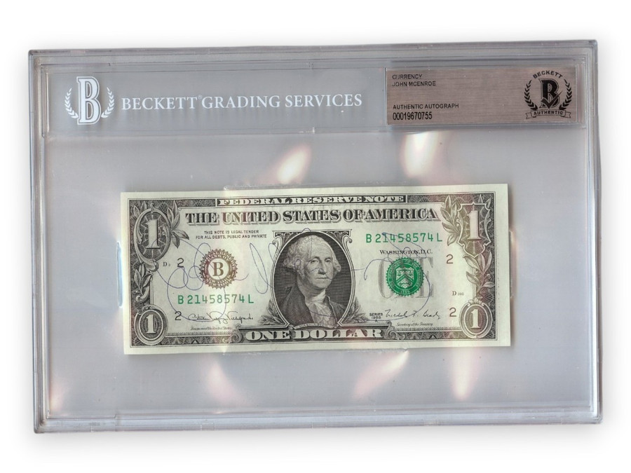 John McEnroe Signed Autographed $1 Bill Tennis Legend Encased BAS 0755