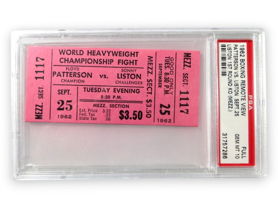Floyd Patterson Sonny Liston Unsigned Ticket Stub 1962 PSA 10 Gem Mint KO 1st