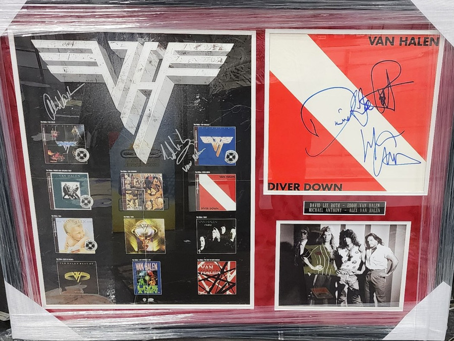 Van Halen Signed Band Album Cover & Poster Eddie Alex Van Halen +2 Framed BAS