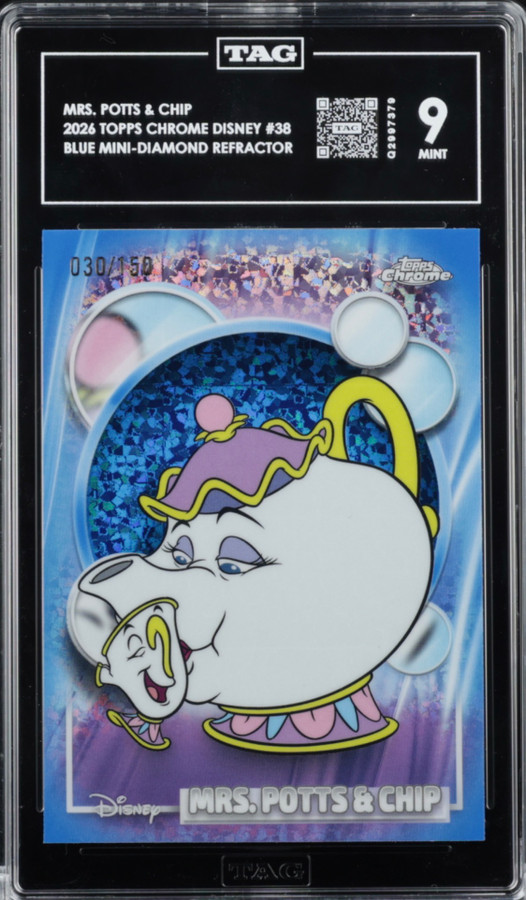 Mrs. Potts & Chip 2026 Topps Chrome Disney Blue TAG 9 Q2997379 PSA #38 30/150