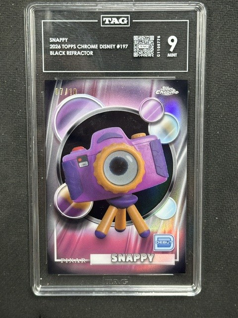 Snappy 2026 Topps Chrome Disney Black Refractor TAG 9 C1105776 PSA #197 7/10