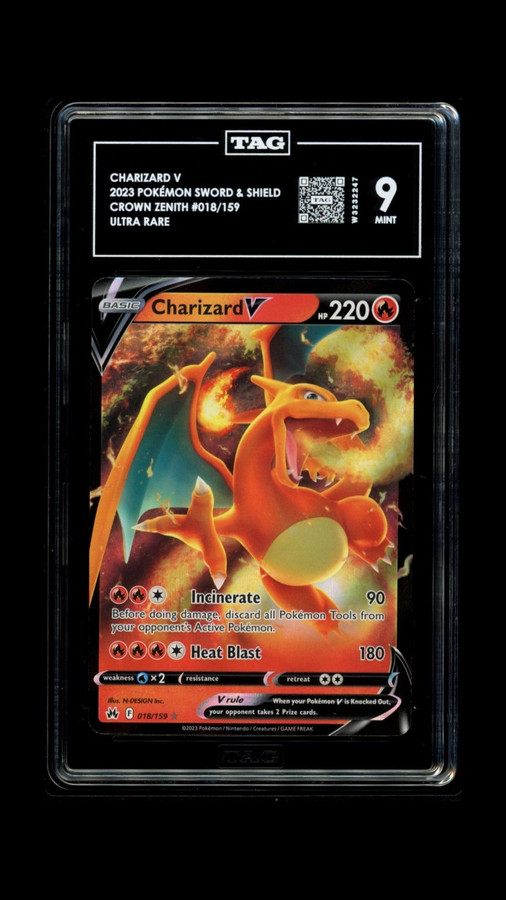 CHARIZARD V 018/159 Pokemon 2023 Crown Zenith Ultra Rare TAG 9 Mint W3232247