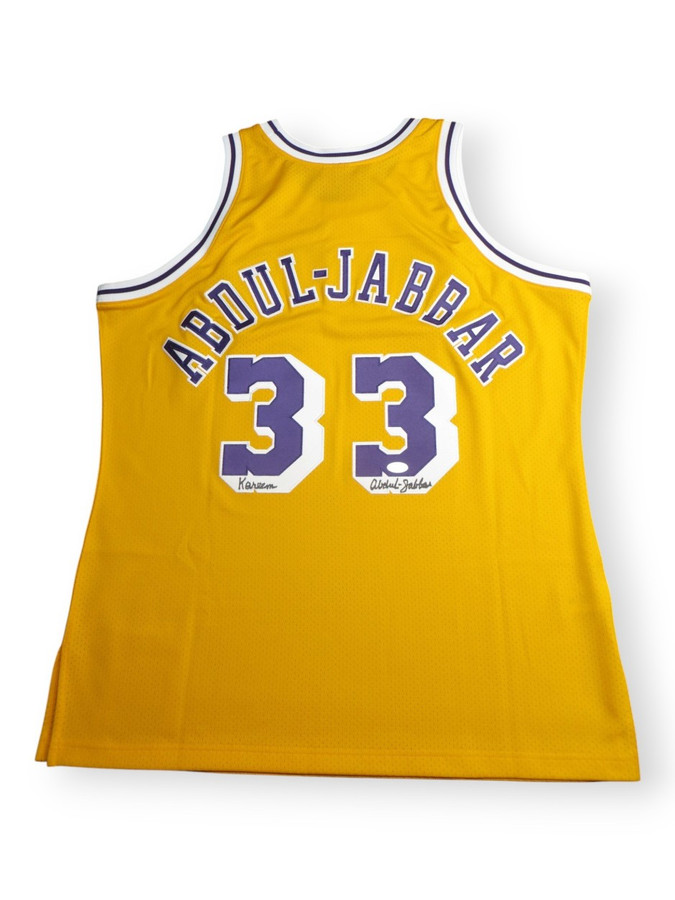 Kareem Abdul-Jabbar Autographed Jersey M&N Lakers Yellow Full Sig Black XL PSA