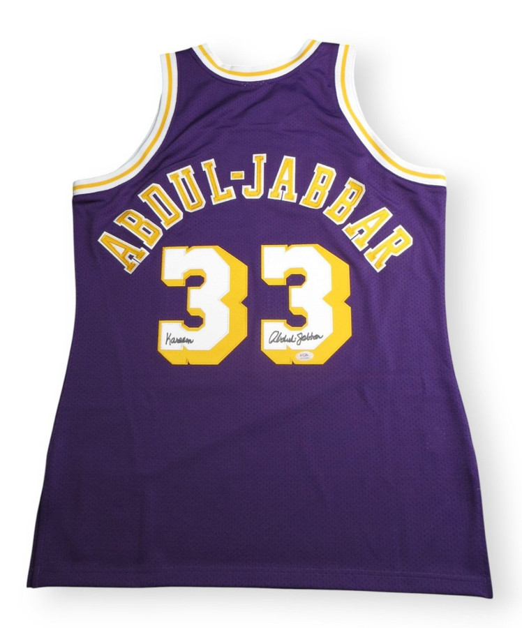 Kareem Abdul-Jabbar Autographed Jersey M&N Lakers Purple Full Sig Black L PSA