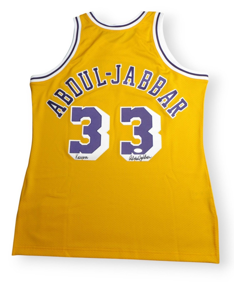 Kareem Abdul-Jabbar Autographed Jersey M&N Lakers Yellow Full Sig Black L PSA