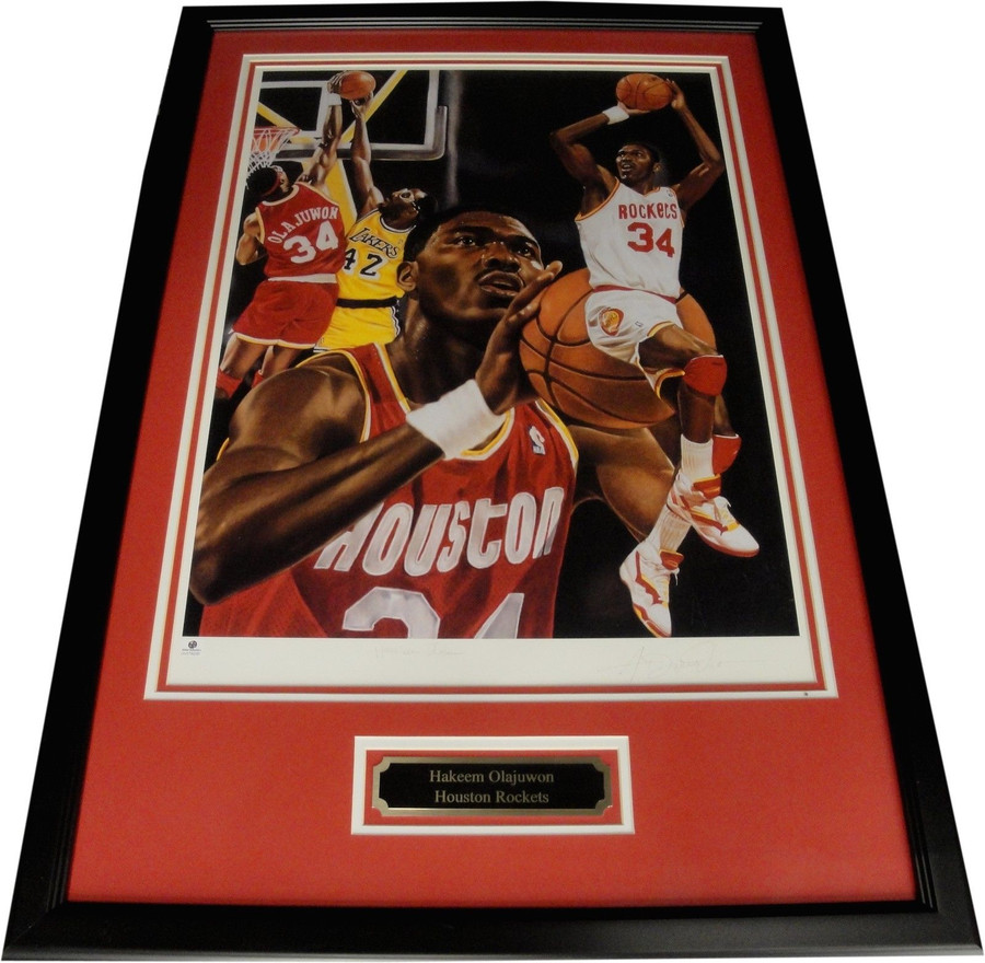 Hakeem Olajuwon Hand Signed Autograph 18"x24" Photo Framed Rockets GAI