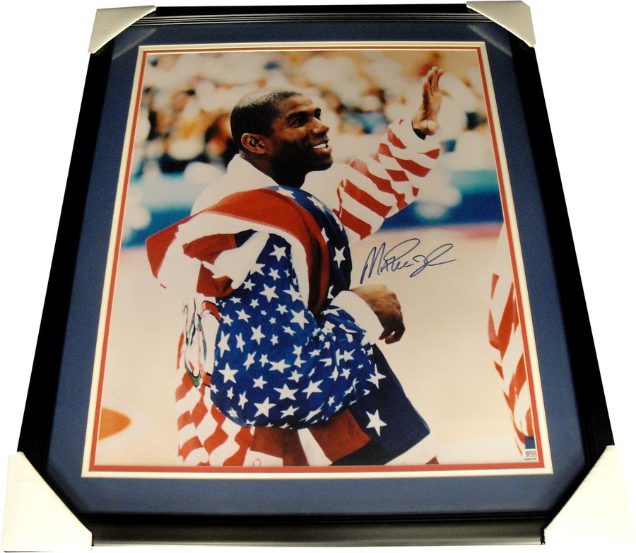 Magic Johnson Hand Signed Autographed 18x24 Photo Custom Framed USA GOLD Lakers