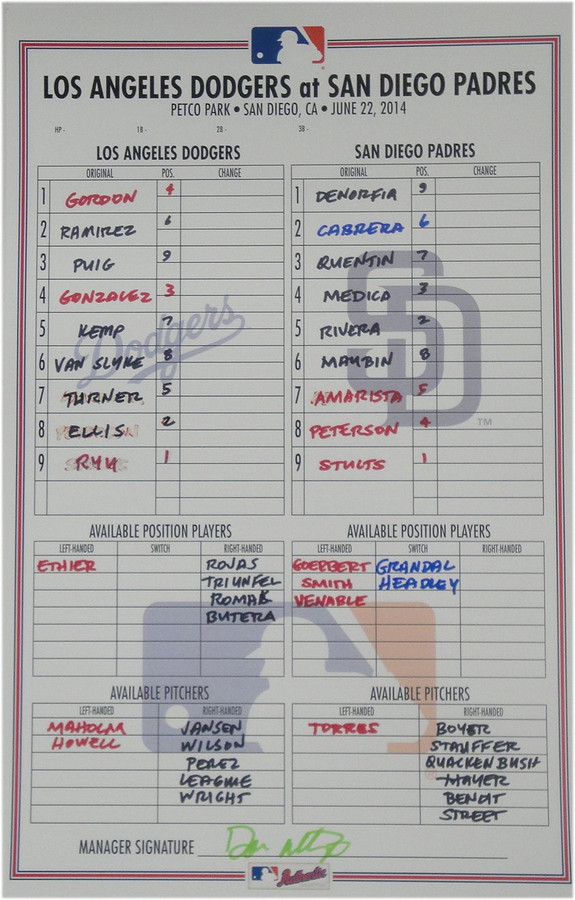 June 22, 2014 San Diego Padres v Dodgers Line Up Card Mattingly AU Stults Ryu