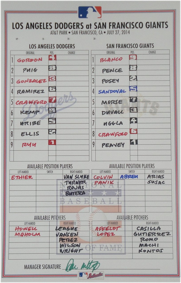 May 8th, 2014 San Francisco Giants V Dodgers Line Up Card Ryu Peavy Mattingly