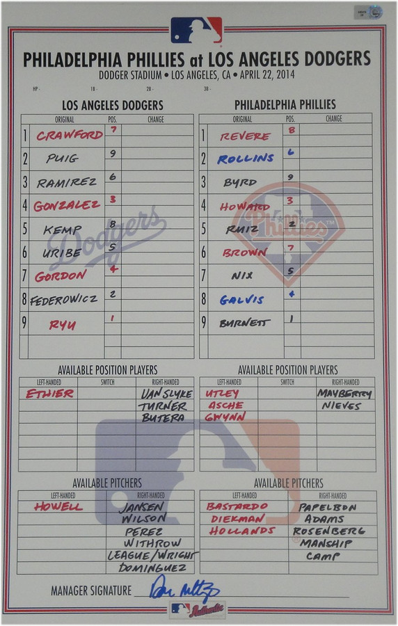 April 22, 2014 Philadelphia Phillies Vs Dodgers Line-up Card Burnett VS Ryu