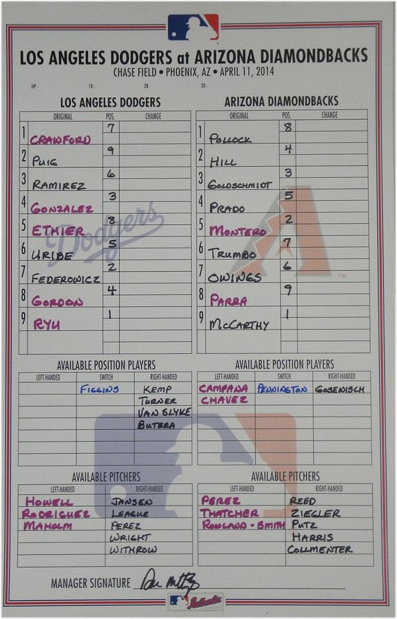 April 11, 2014 Arizona Diamond Backs VS Dodgers Line Up Card Ryu vs McCarthy