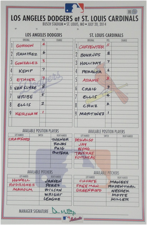 July 20, 2014 Cardinals Dodgers Line-up Card Don Mattingly Auto Clayton Kershaw