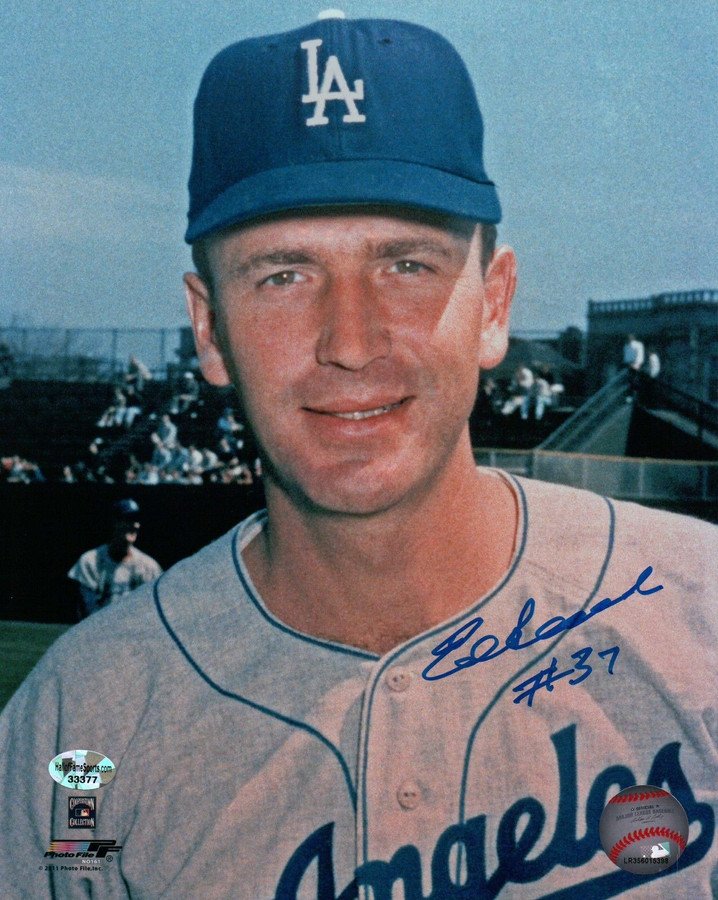 Ed Roebuck Signed 8X10 Vintage Photo Autograph "#37" LA Dodgers Pose Auto COA