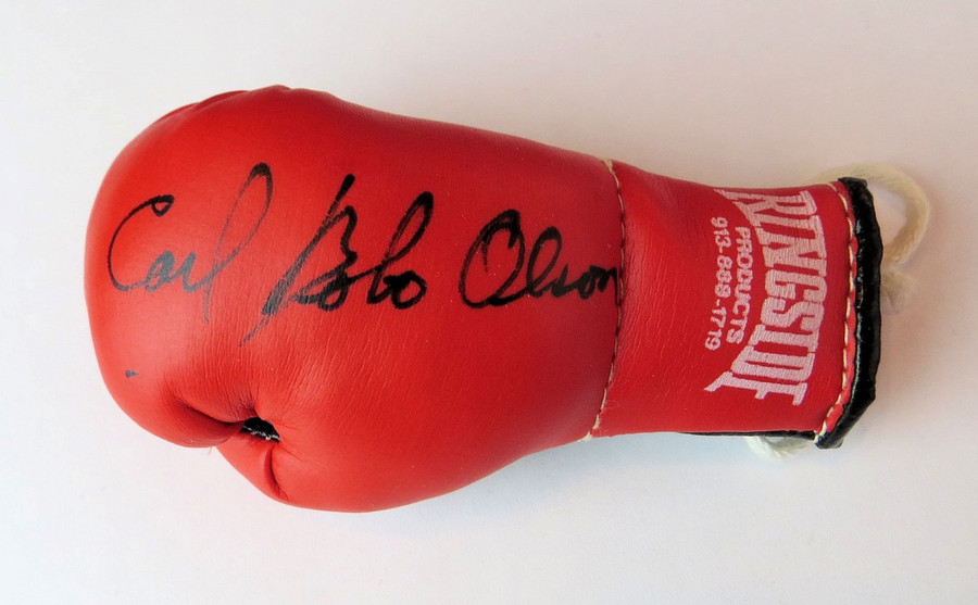 Carl Bobo Olson Signed Autographed Mini Boxing Glove Black Ink GV819119