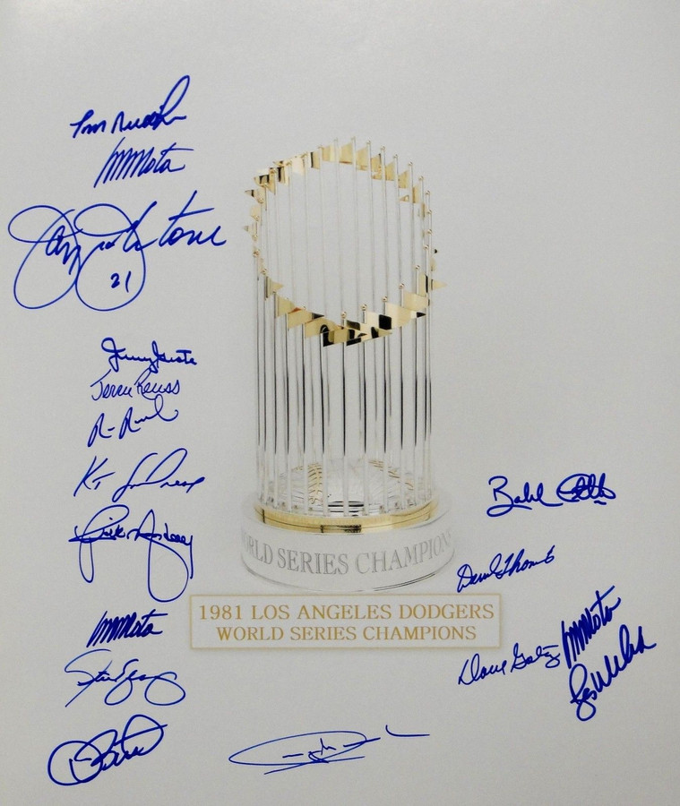 Manny Mota Yeager Stewart Grote 1981 Dodgers WS Champions 16x20 Signed Photo