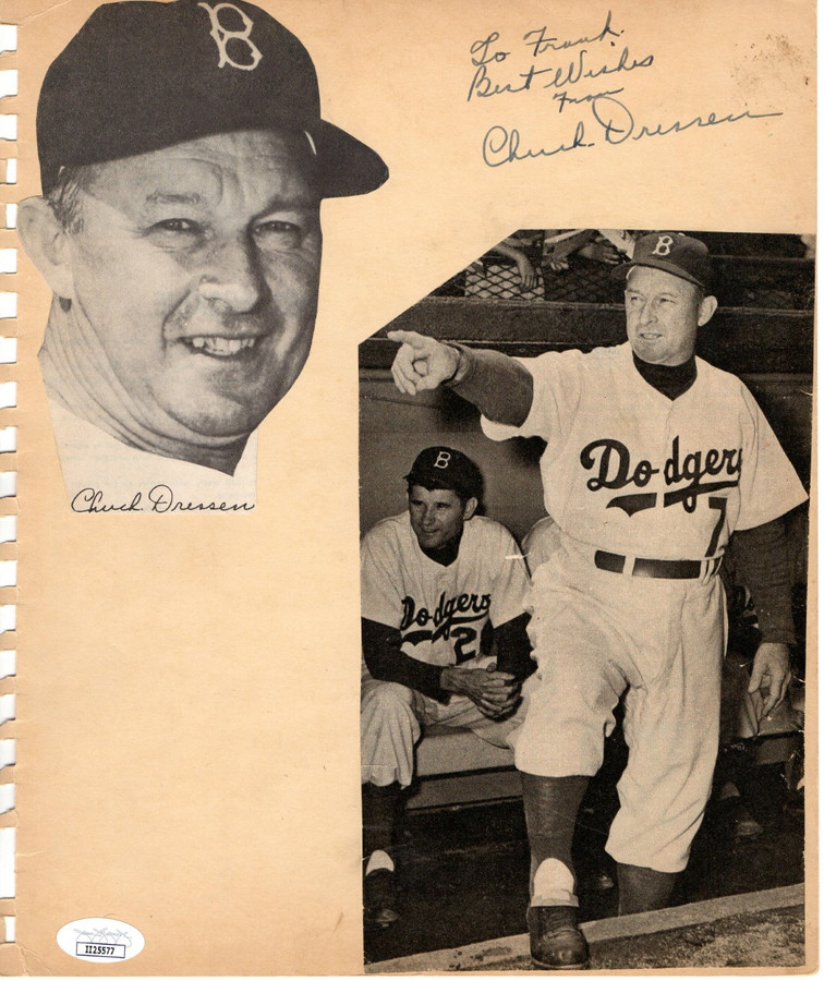 Chuck Dressen Autographed Vintage Scrapbook Page Brooklyn Dodgers JSA II25577