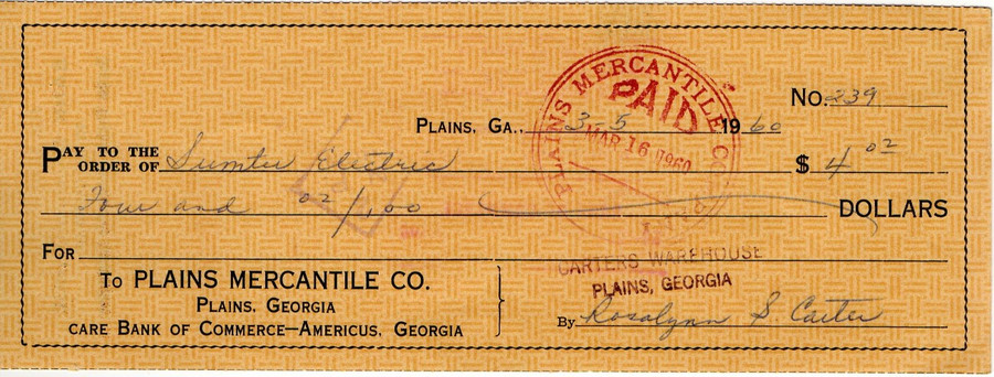 Rosalynn Carter Signed Autographed Bank Check First Lady JSA II25547