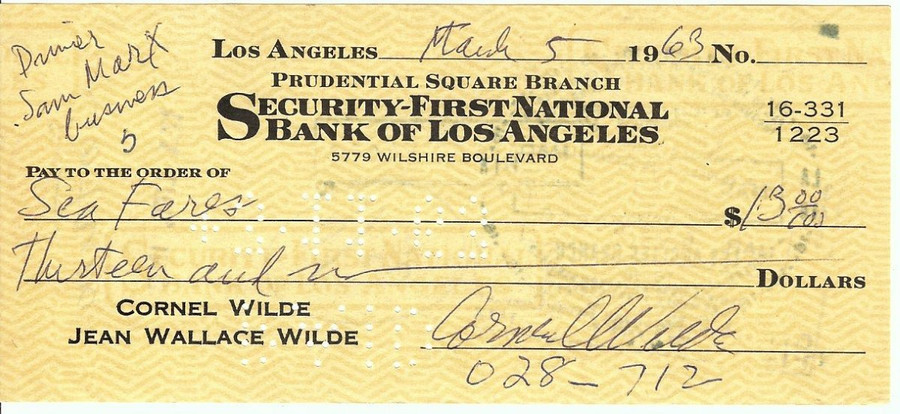 Cornel Wilde Signed Autographed Bank Check Actor Director 1963 JSA II35676