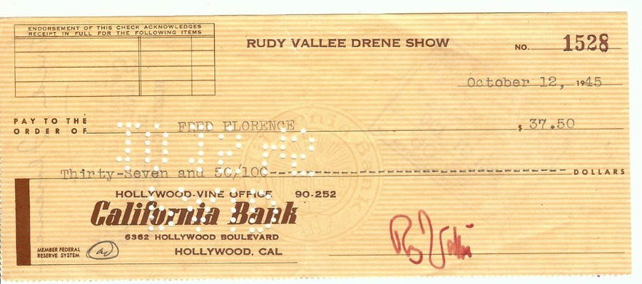 Rudy Vallee Drene Signed Autographed Bank Check Vintage Radio 1945 JSA JJ41045