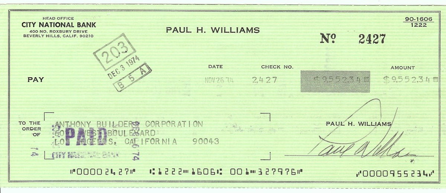 Paul Williams Signed Autographed Bank Check Singer Producer 1974 JSA II35606