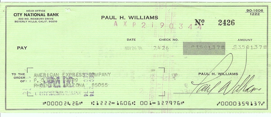 Paul Williams Signed Autographed Bank Check Singer Producer 1974 JSA II35689