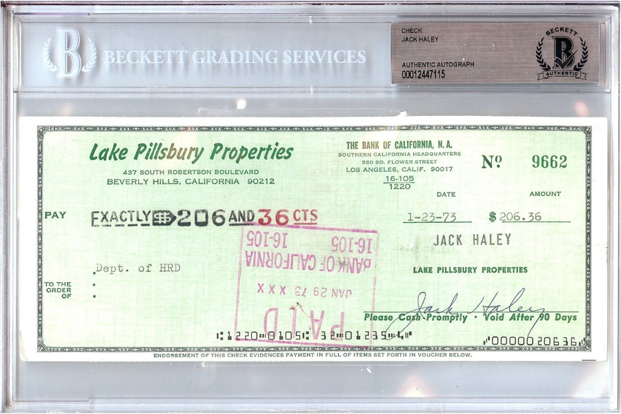 Jack Haley Signed Autographed Personal Check Wizard of Oz #9662 1973 Beckett BGS