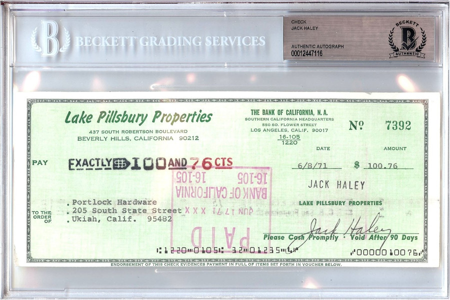 Jack Haley Signed Autographed Personal Check Wizard of Oz #7392 1971 Beckett BGS