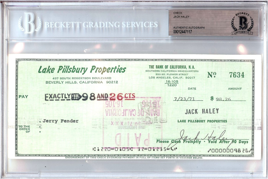 Jack Haley Signed Autographed Personal Check Wizard of Oz #7634 1971 Beckett BGS