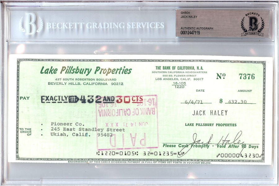 Jack Haley Signed Autographed Personal Check Wizard of Oz #7376 1971 Beckett BGS