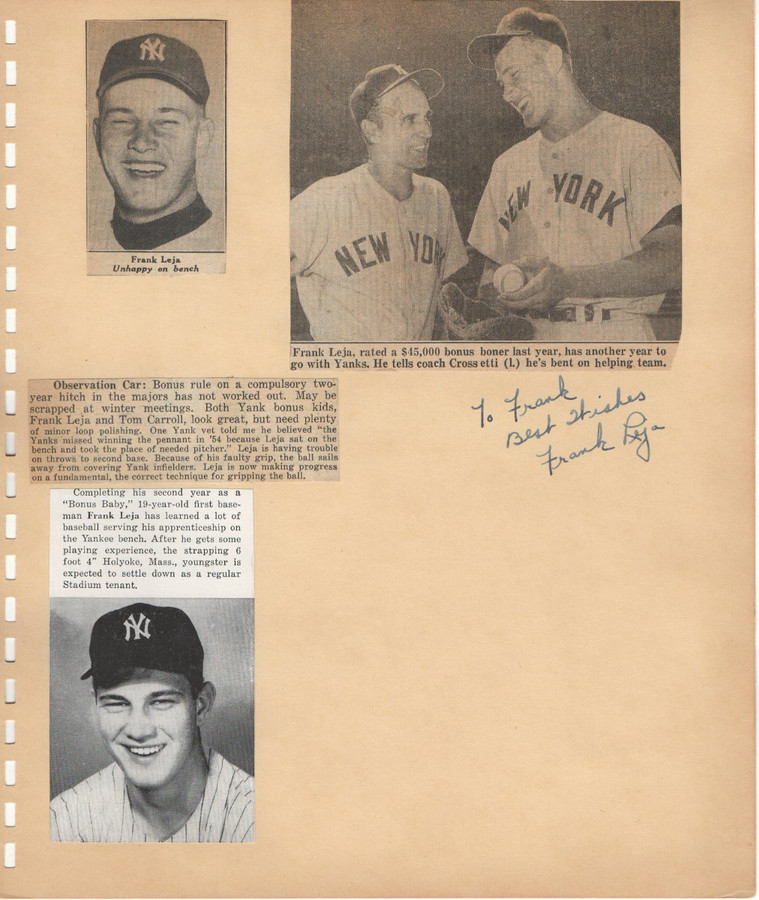 Frank Leja Signed Autographed Scrapbook Page Cut Signature Yankees JSA II59937