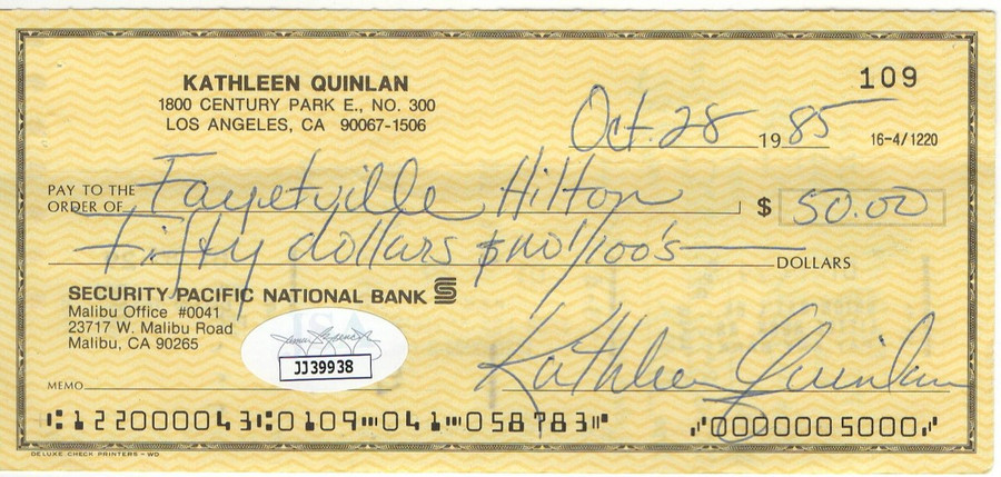 Kathleen Quinlan Signed Autographed Personal Check Hollywood Actress JSA JJ39938