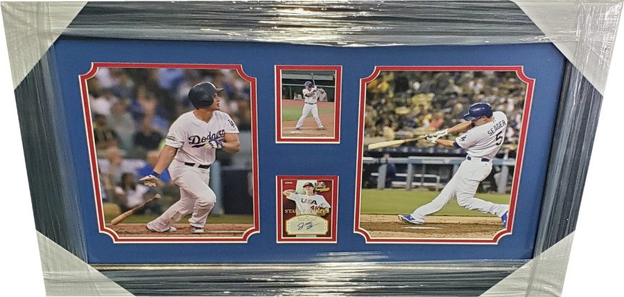 Corey Seager Hand Signed Panini USA Card Custom Framed W/ two 8x10 Dodgers WS
