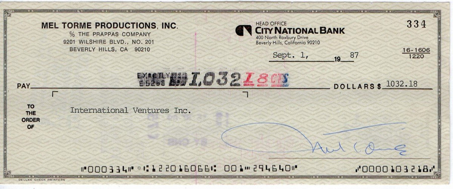 Mel Torme Signed Autographed Bank Check Legendary Singer 1987 JSA LL48132