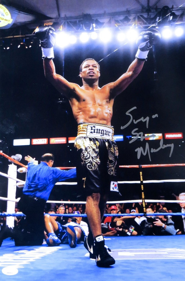 Sugar Shane Mosley Autographed 12X18 Photo Post Knockout Hands Up JSA MM06035