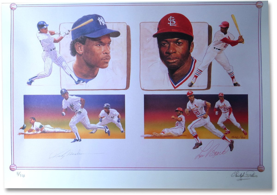 Rickey Henderson Lou Brock Dual Signed Autographed 18X24 Lithograph  w/COA