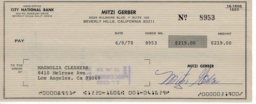 Mitzi Gaynor Signed Autographed Bank Check 1978 Actress JSA LL48109