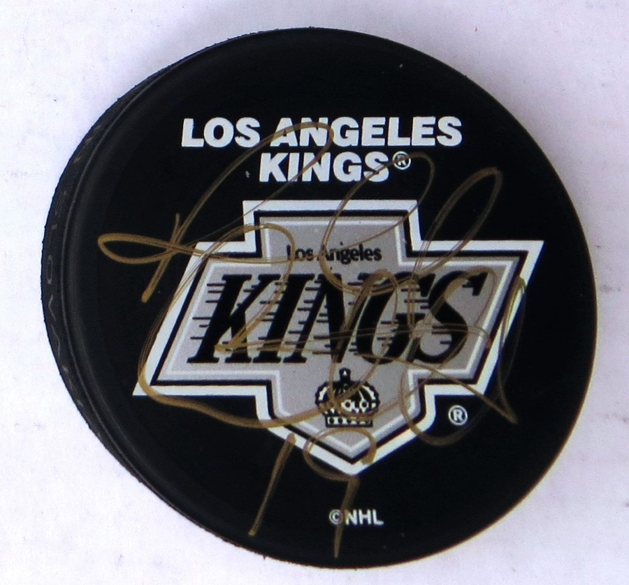 Russ Courtnall Signed Autographed Hockey Puck Los Angeles Kings Gold Ink w/COA