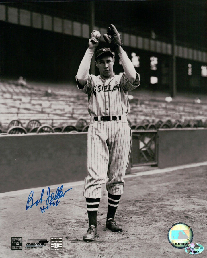 Bob Feller Signed 8X10 Photo "HOF 62" Autograph Hands Over Head Blue Ink w/COA