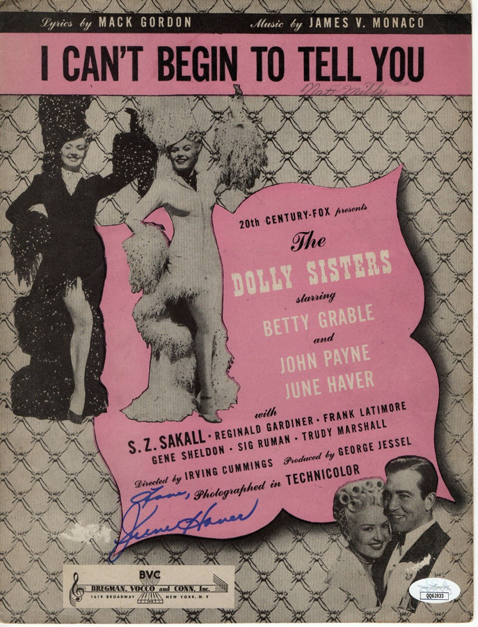 June Haver Signed Autographed Sheet Music The Dolly Sisters JSA QQ62933