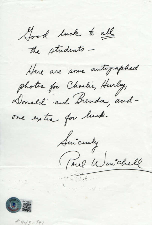 Paul Winchell Signed Autographed Personal Letter Actor Ventriloquist BAS BA70342