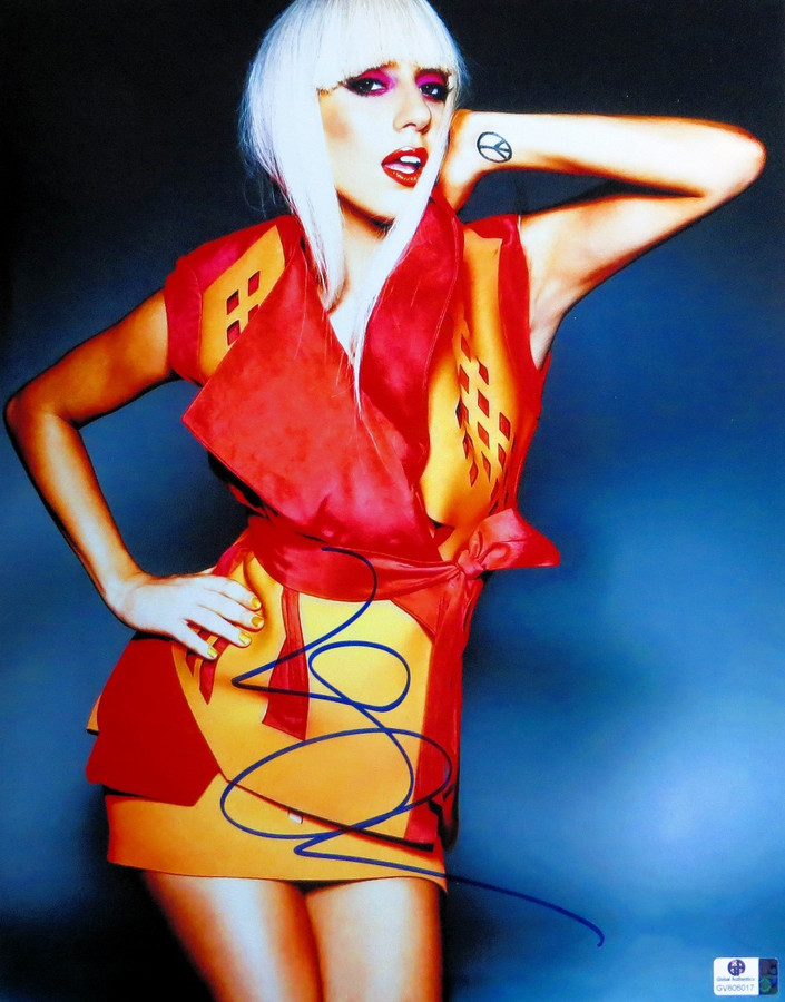 Lady Gaga Signed Autographed 11X14 Photo Sexy Red/Yellow Outfit GV806017