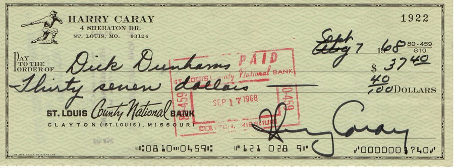 Harry Caray Signed Autographed Bank Check Cugs Legendary Broadcaster JSA II25549